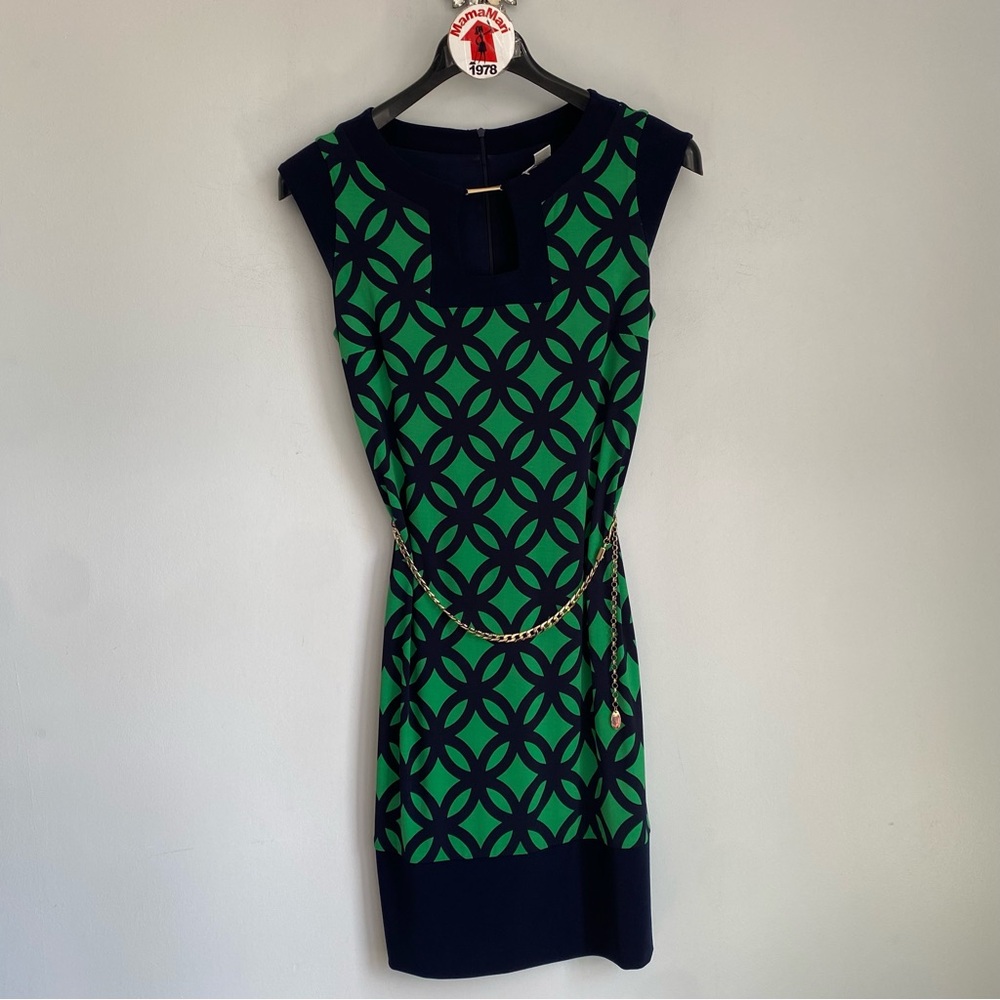 Joseph Ribkoff Dress Gold Chain Belt Size 10 Green Navy Celtic Print